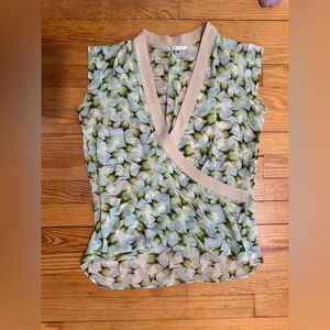 CAbi Mint Green Floral Faux-Wrap Shell with Cream Trim